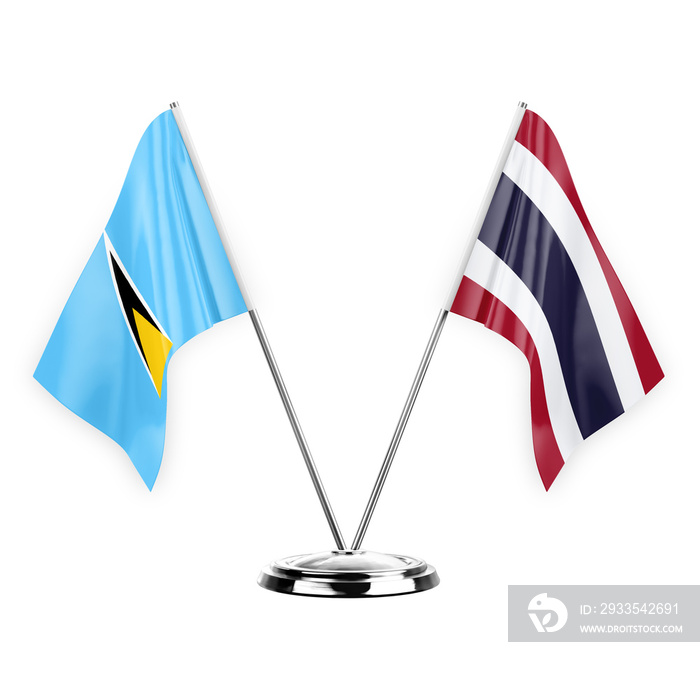 Two table flags isolated on white background 3d illustration, saint lucia and thailand