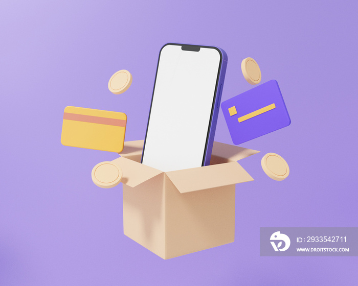 Brown box or open present parcel mobile card coins floating on purple background. shopping delivery logistic concept. minimal cartoon discount, promotion, sale, 3d render illustration