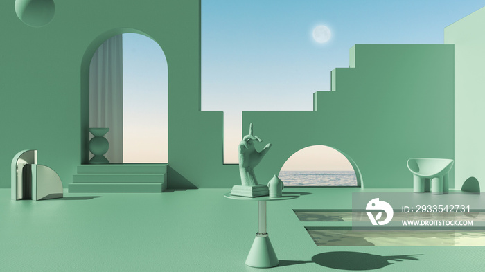 Imaginary fictional architecture, dreamlike empty space, design of exterior terrace, concrete turquoise walls, arched windows, pools, table with hand figurine, sea panorama, scenery