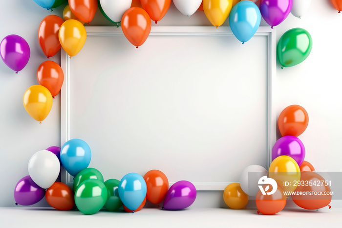 Frame of colorful balloons for party with blank white copy space for text.