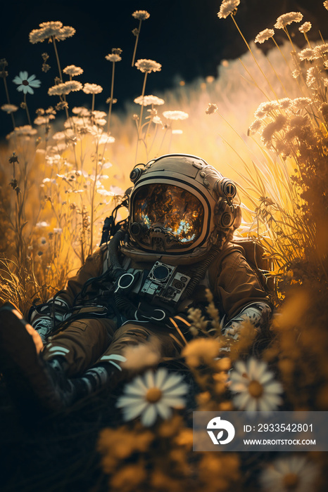 astronaut lying in a meadow of flowers