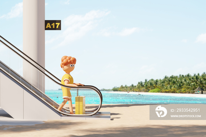 Cartoon man tourist with suitcase on escalator on beach