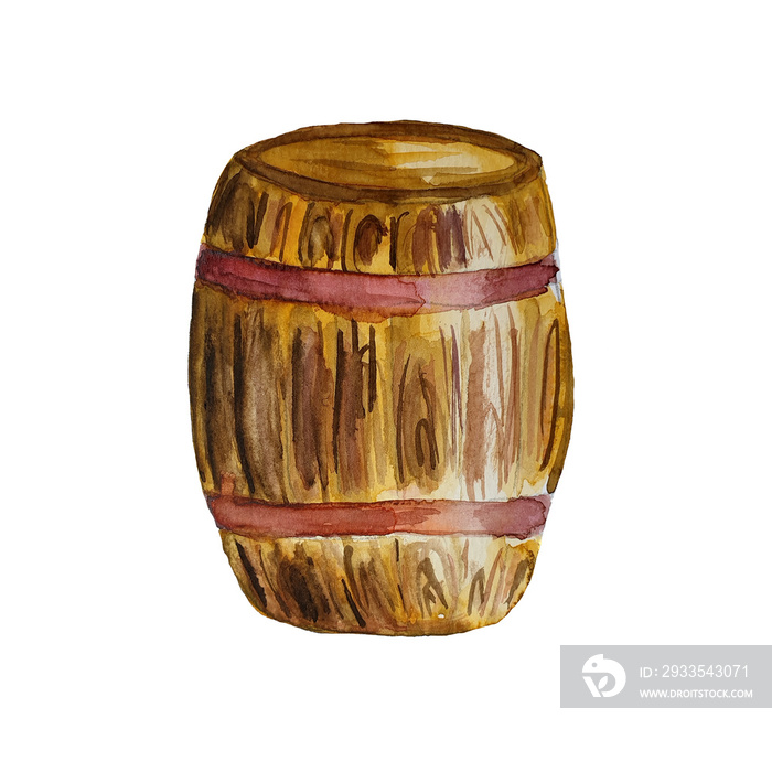 Watercolor hand drawn barrel of beer or wine or rum