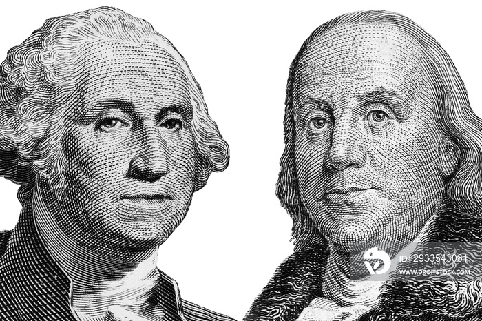 US presidents George Washington, Benjamin Franklin , portraits from US dollar bills isolated, United States money closeup