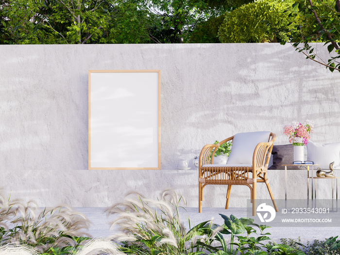 Mockup frame on the wall with concrete patio for outdoor living area.