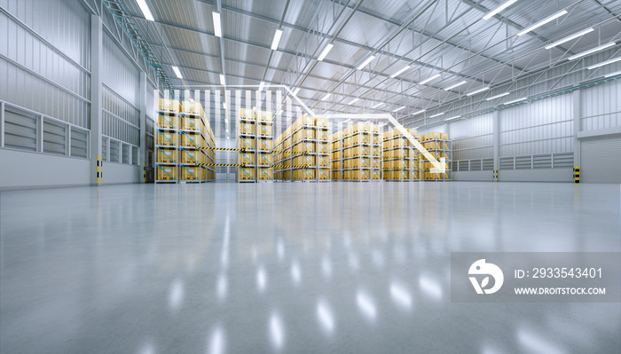 3d rendering of warehouse or distribution center with decrease graph. Storage and shipping system with box package on shelf and concrete floor. Concept for reduce, low of productivity, demand, supply.