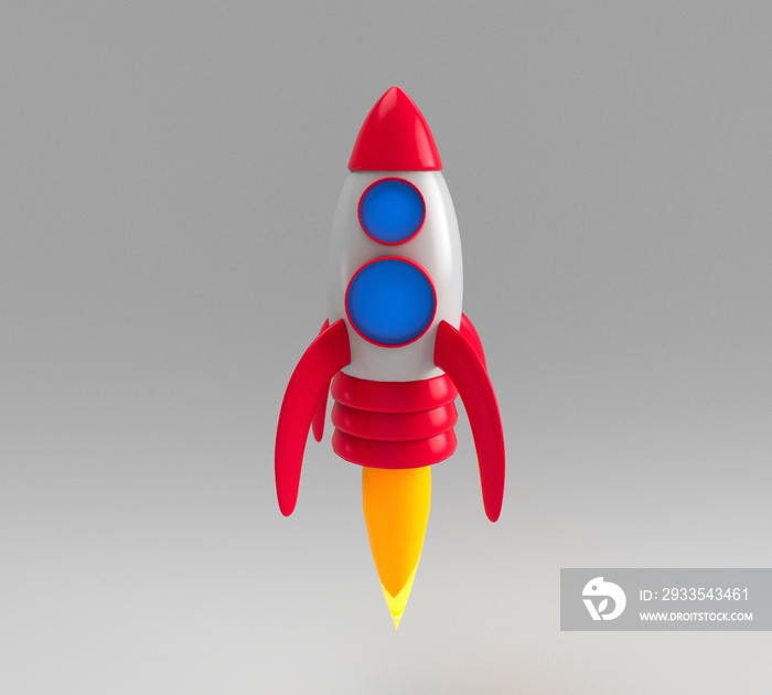 3d illustration rendering minimal spaceship rocket fly on white background.