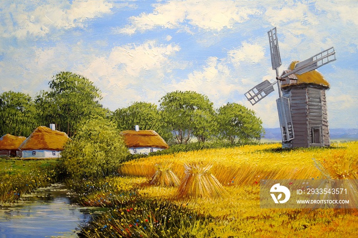 Oil paintings rural landscape, old village, windmill in Ukraine. Fine art