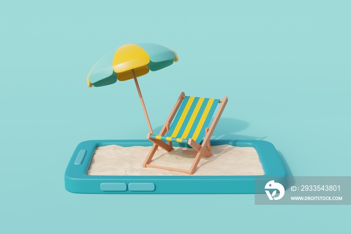 3d summer beach on Smartphone with Beach chair, umbrella and summer elements. Summer vacation. 3d rendering.