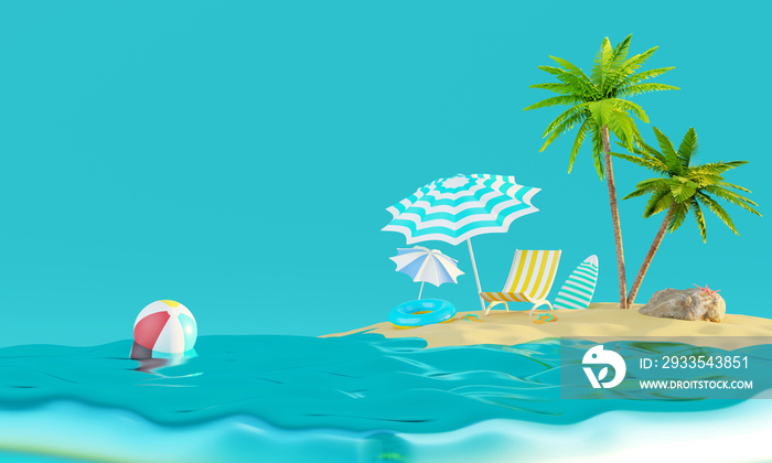 Summer vacation beach abstract background concept, Minimal Realistic Display Podium for Product mock-up or Cosmetics with summer theme, beach umbrella, sand, chairs, inflatable ring. 3d rendering