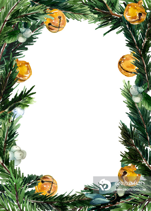 Watercolor spruce branch and gold jingle bells  in A4 frame. Winter Christmas border. Template for text. Decor for seasonal offer, packaging, covers, labels, check list.