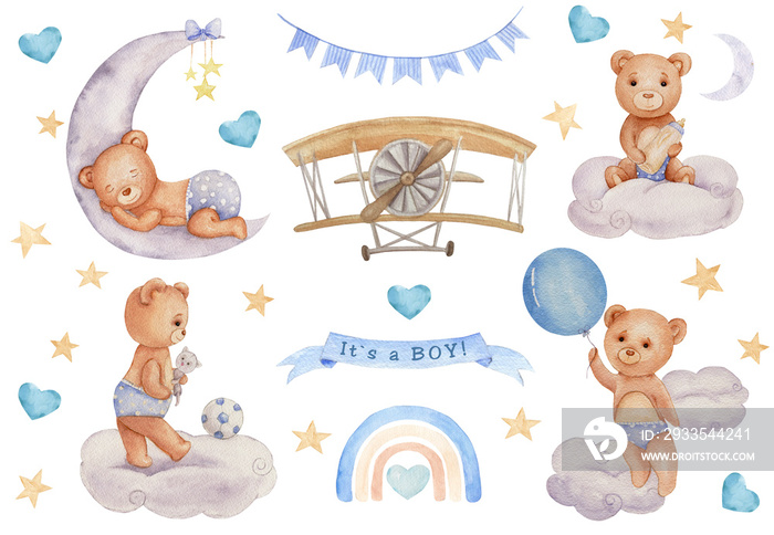 Watercolor teddy bear boy set with airplane, balloon, heart, rainbow for nursery decor, wall stickers, album design, card, invitations, its a boy, baby shower, oh baby