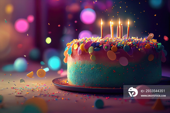 Happy Birthday Cake with Delicious Icing Frosting Colorful with Lit Candles and Confetti in Background Image