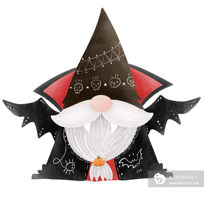 Cute digital painting watercolor Halloween gnomes element.gnome isolated on white background.happy Halloween concept.black devil gnome .cartoon character hand drawn.flat design,doodle,vampire.