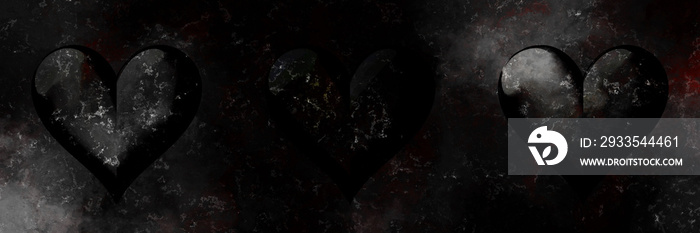 Abstract grunge dark hearts on creepy horror panoramic banner. Romantic Symbol of Love. Collection of isolated heart icon for love, heart symbol, greeting Christmas card or Valentine in