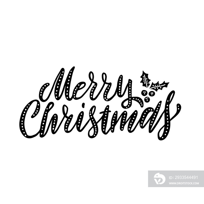 Hand drawn elegant modern brush lettering of Merry Christmas with holly isolated on white background. illustration.