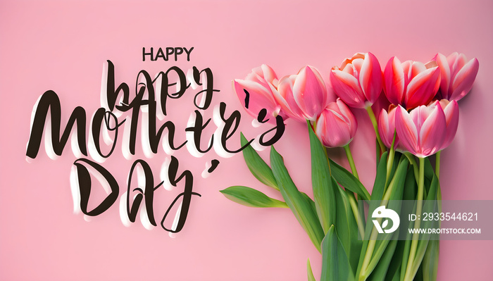 happy mother’s day Beautiful composition spring flowers. Bouquet of pink tulips flowers on pastel pink background, bouquet of tulips, card heart