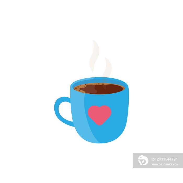 This is a blue cup of coffee on a white background.