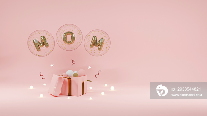 Happy Mother’s Day background. Mom Text Metallic gold foil balloons. 3D Illustration Golden Helium balloons.