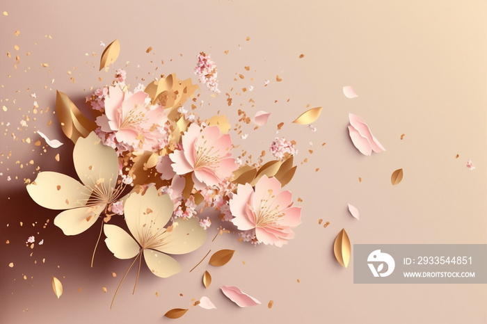 Minimalist sakura cherry blossom pink and gold greeting card template illustration