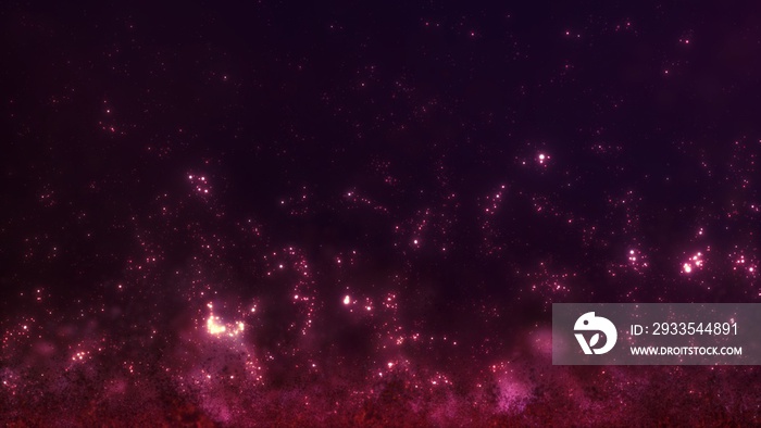 Ethereal trippy purple pink and orange glittering particle banner background. Concept 3D illustration template for festive holiday and gaming live stream announcements and relaxing electronic music lo