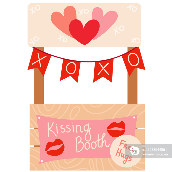 Vector kissing booth. Wooden kissing booth for celebrating Valentine’s Day, wedding or birthday.