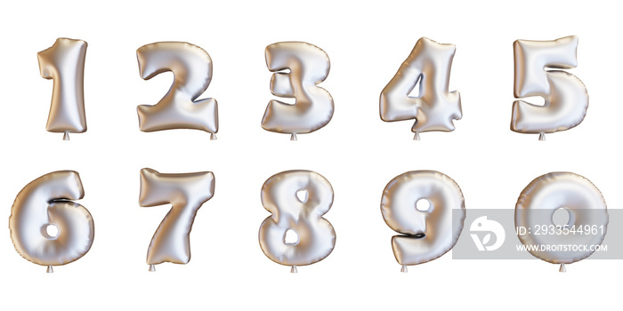 Set of silver balloons numbers. 3D render