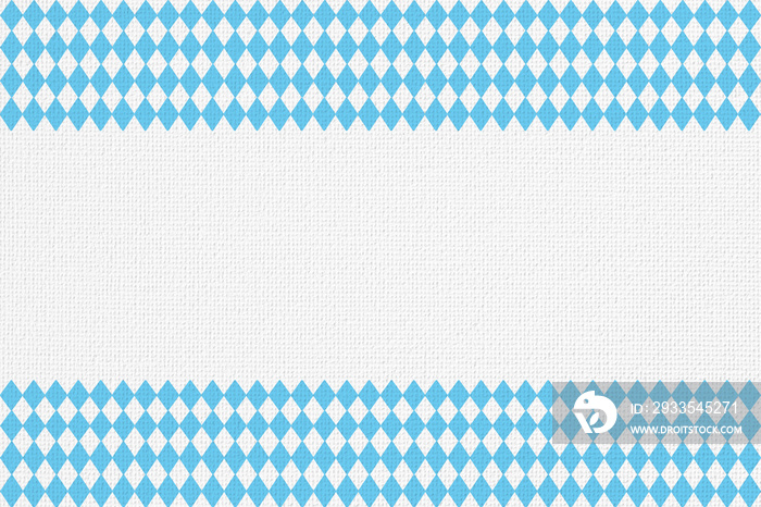 Oktoberfest background with blue Bavarian check seamless pattern, flag of Bavaria on white fabric canvas for Germany national festival celebration party