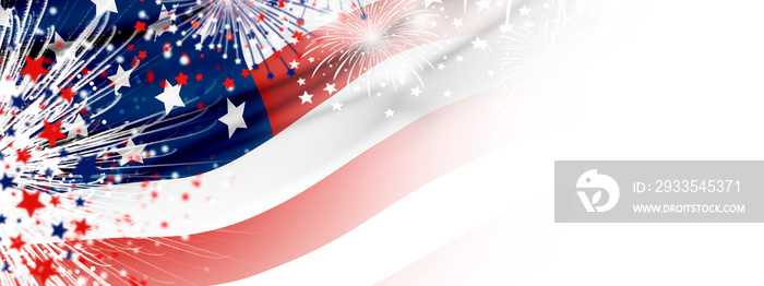 USA flag with fireworks on white background