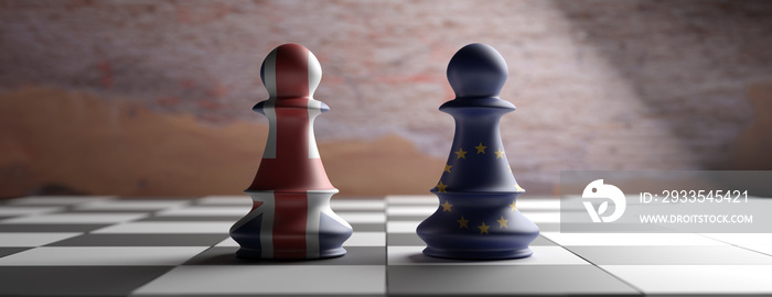 Brexit, UK and EU chess pawns on a chessboard. 3d illustration