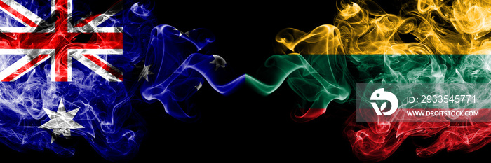 Australia vs Lithuania, Lithuanian smoky mystic flags placed side by side. Thick colored silky smokes combination of national flags of Australia and Lithuania, Lithuanian