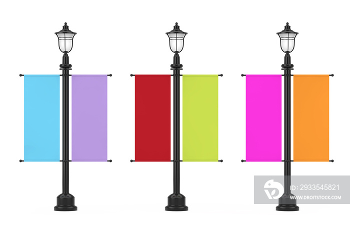 Retro Vintage Street Lamp Post with Multicolour Advertising Promotional Mockup Flag. 3d Rendering