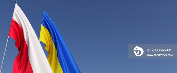 Flags of Poland and Ukraine on the flagpole on side. Flags on a blue background. Place for text. Polish, Warsaw. Ukrainian, Kyiv. 3D illustration.