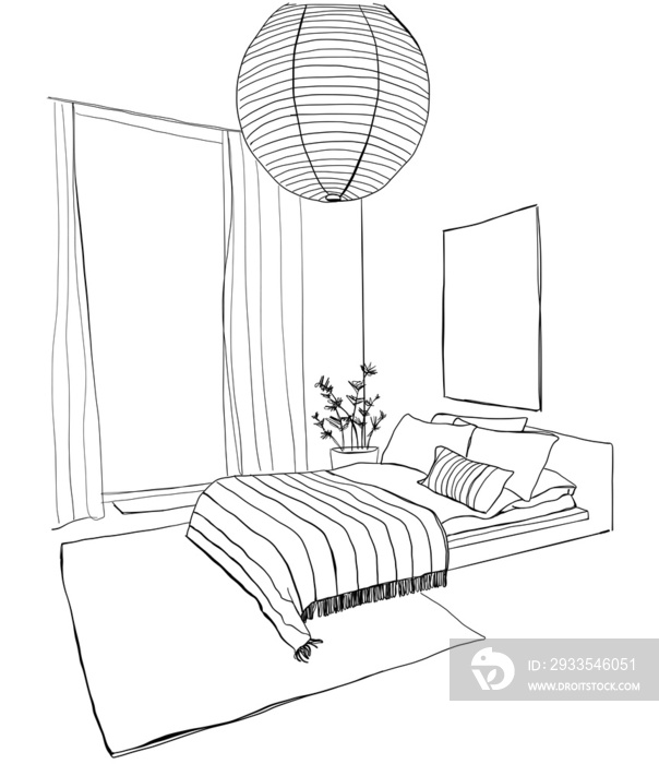 Bedroom modern interior vector drawing isolated on white background