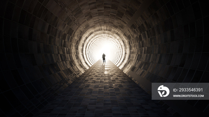 Concept or conceptual dark tunnel with a bright light at the end or exit as metaphor to success, faith, future or hope, a black silhouette of walking man to new opportunity or freedom 3d illustration