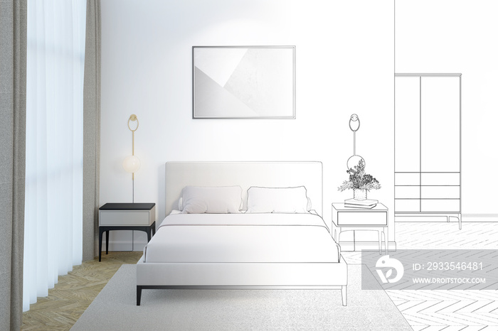 A sketch becomes a real bedroom with a horizontal poster above the headboard, sconces and bedside tables on the sides of the bed by the window with curtains, and a wardrobe in the background.3d render