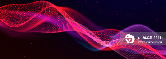 Futuristic dots pattern on dark background. Colored music wave. Technology or Science Banner. 3D rendering