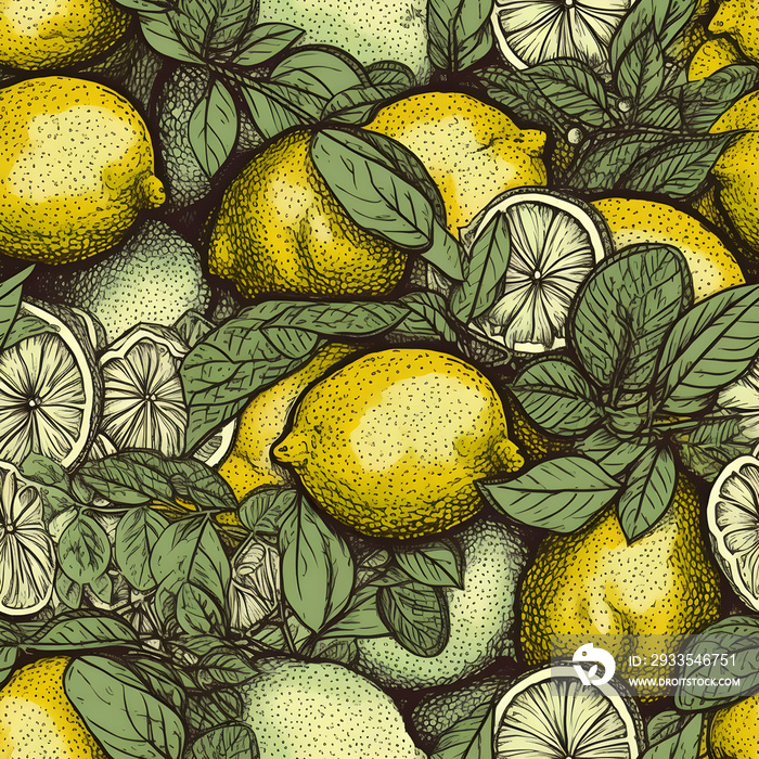 lemons and limes, ink pen, bold ink line, seamless pattern, Ai generated