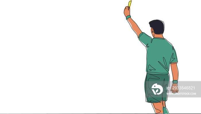 One single line drawing of young referee booked a player yellow card for the foul at the match. Soccer sports concept. Continuous line draw design vector illustration