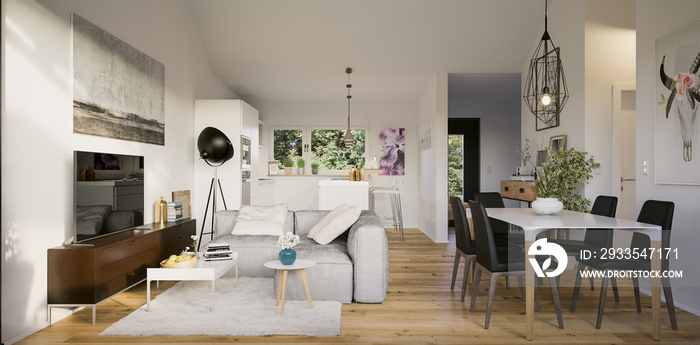 view inside modern luxury attic loft apartment - 3d rendering