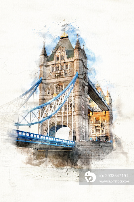 Tower Bridge over the river Thames, London. Digital watercolour of this iconic landmark