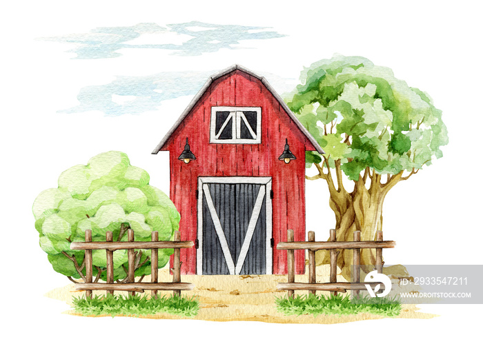 Red barn edged with fence, big tree and bush. Watercolor illustration. Farm and countryside element. Red wooden vintage style barn in countryside landscape. White background