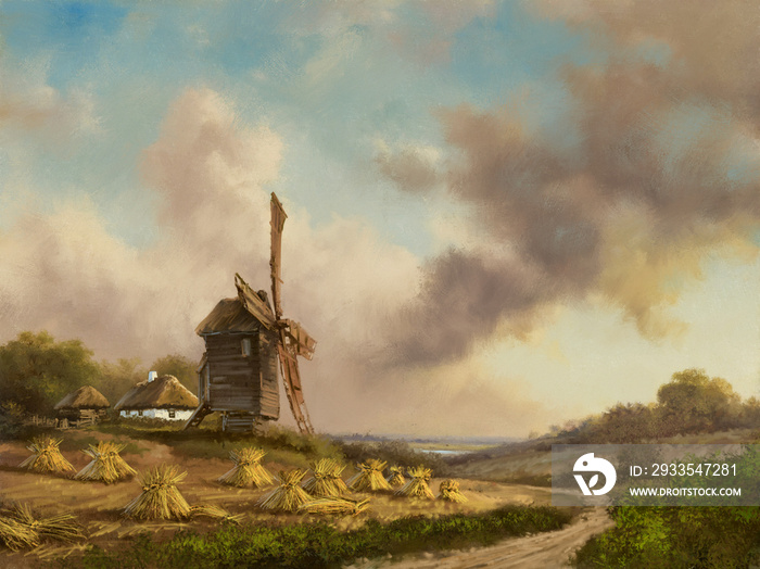 Oil paintings rural landscape, old windmill in the field, old windmill in the evening. Fine art, artwork