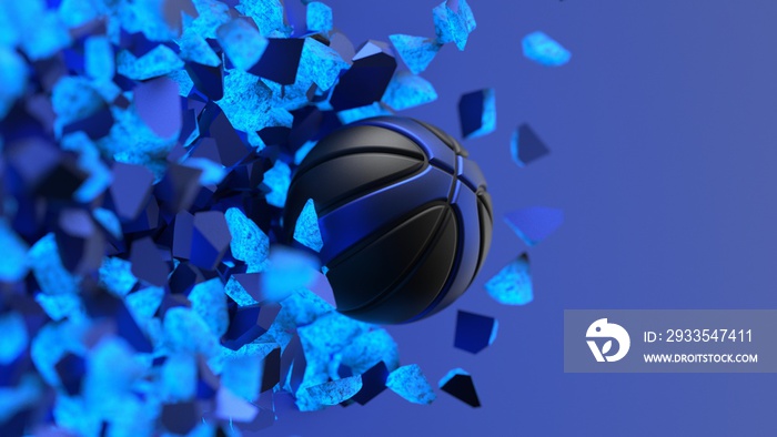 Black-blue basketball breaking with great force through blue illuminated wall under spot light background. 3D high quality rendering.