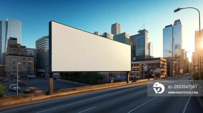 Large white blank billboard at the side of the road for product advertisement or business marketing. Mock-up display.