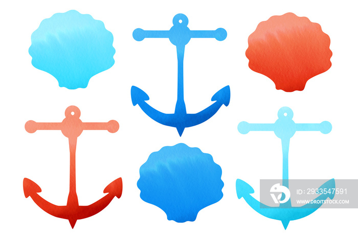 Sea watercolor silhouettes. Clip art set on white background