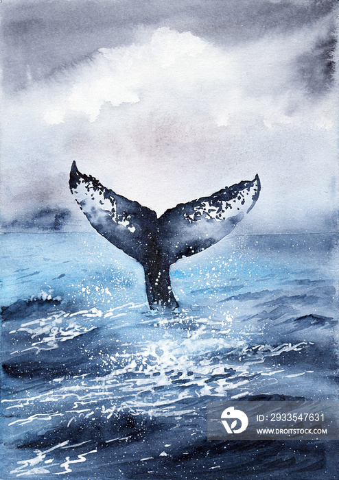 Watercolor illustration of large whale tail in foamy blue sea water with waves and splashes under gray sky