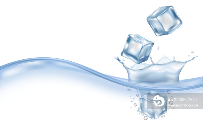 Clear ice cubes falling on water surface realistic vector .