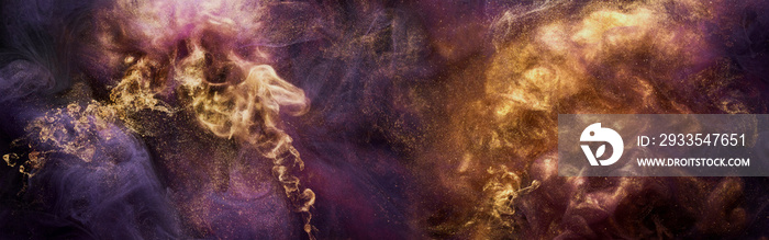 Lilac sparkling abstract background, luxury gold smoke, acrylic paint underwater explosion, cosmic swirling ink