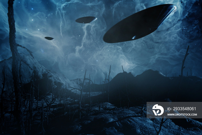 UFO flying over forest, 3D illustration